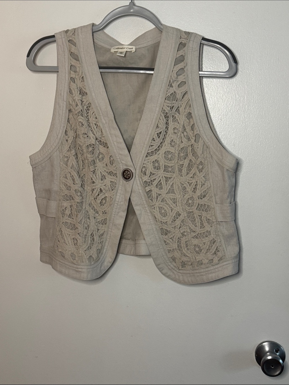 Coldwater Creek Crochet Front Linen-Blend Vest in Beige